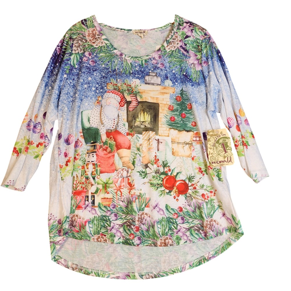 One World 1X Santa Fireplace Christmas Tree Print Long Sleeve‎ Tunic Top Women